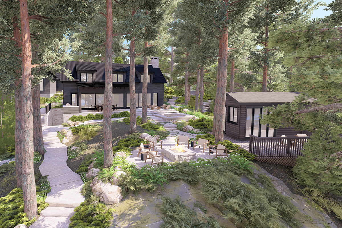 computer rendering of a camp in the woods